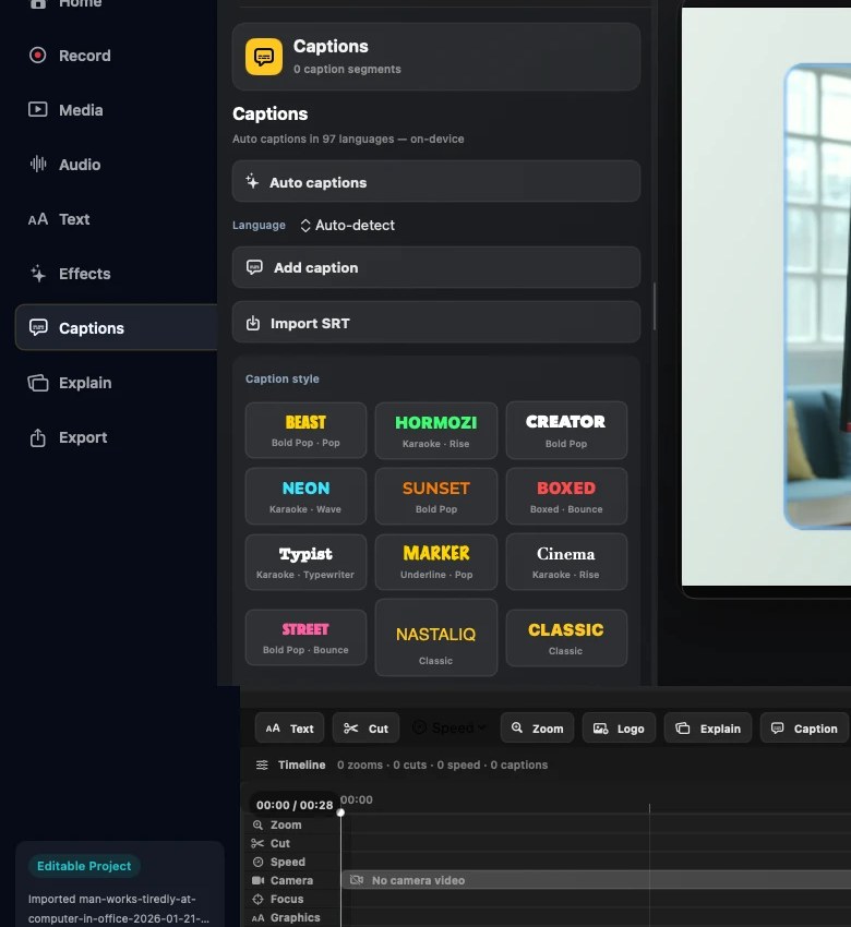 OurScreen caption style picker showing several creator and Nastaliq caption styles