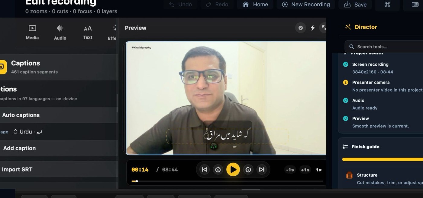 OurScreen caption editor showing a recording captioned in Urdu script on-device