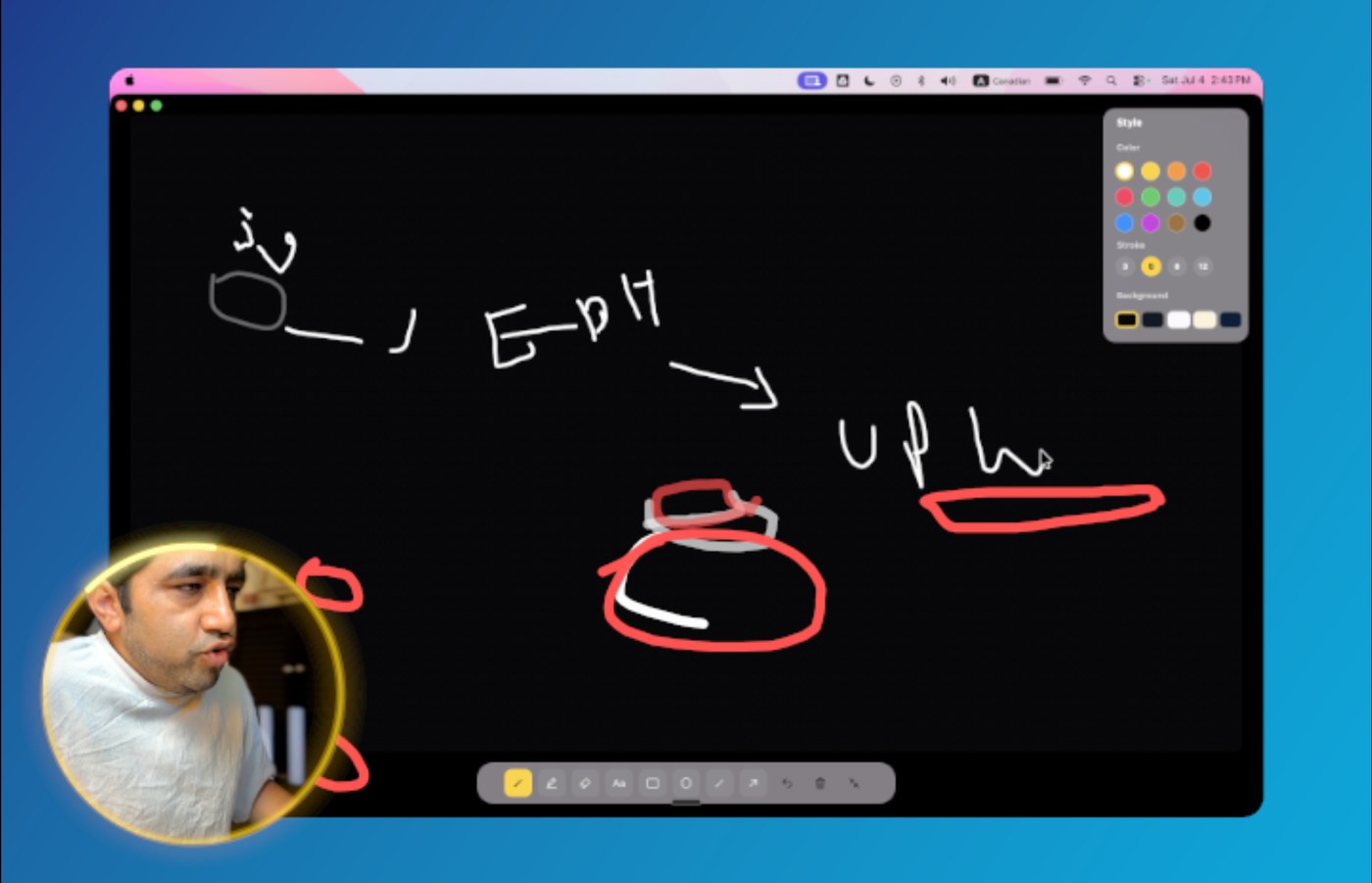 OurScreen Explain mode used as a blackboard while the presenter sketches a diagram