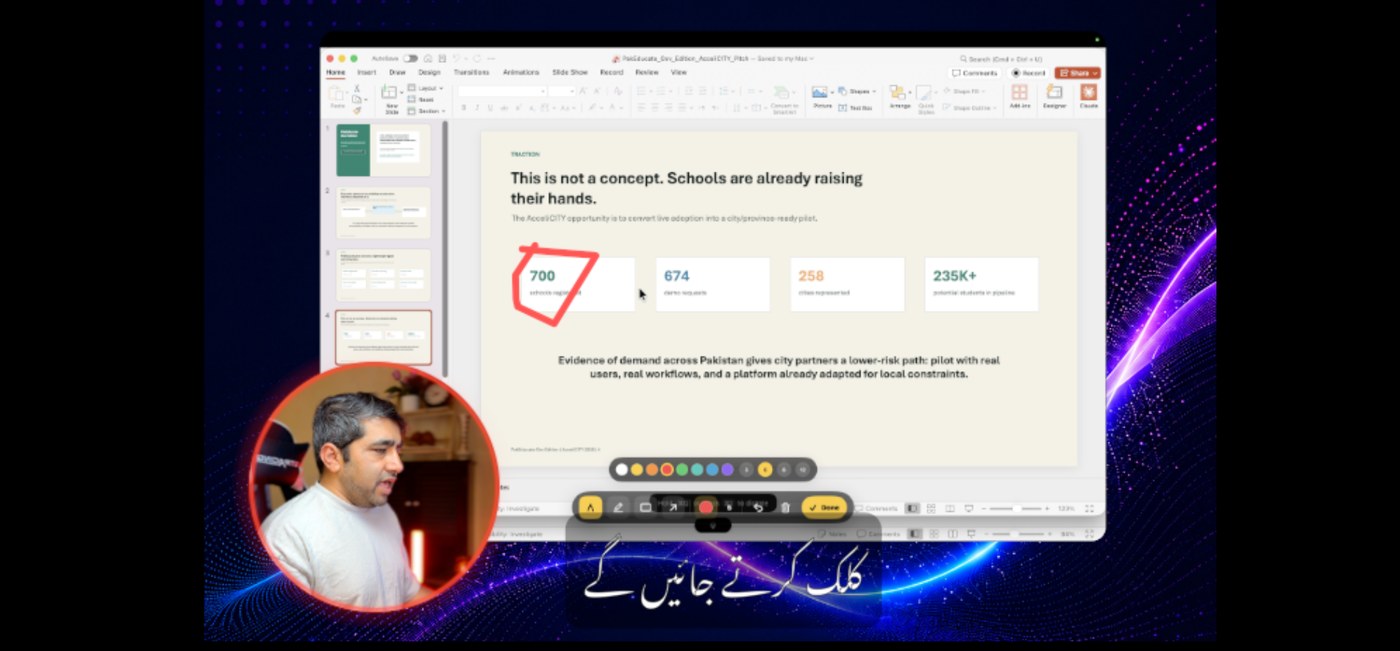 OurScreen Explain mode circling a traction statistic on a pitch deck slide, with an Urdu caption at the bottom
