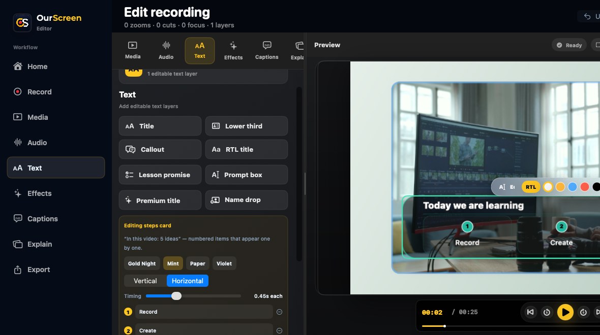 OurScreen editor showing an editable numbered lesson agenda